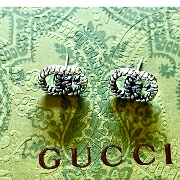 Gucci Interlocking G Torchon Stud Earrings - Aged Sterling Silver 925 - Full Set - Picture 5 of 6